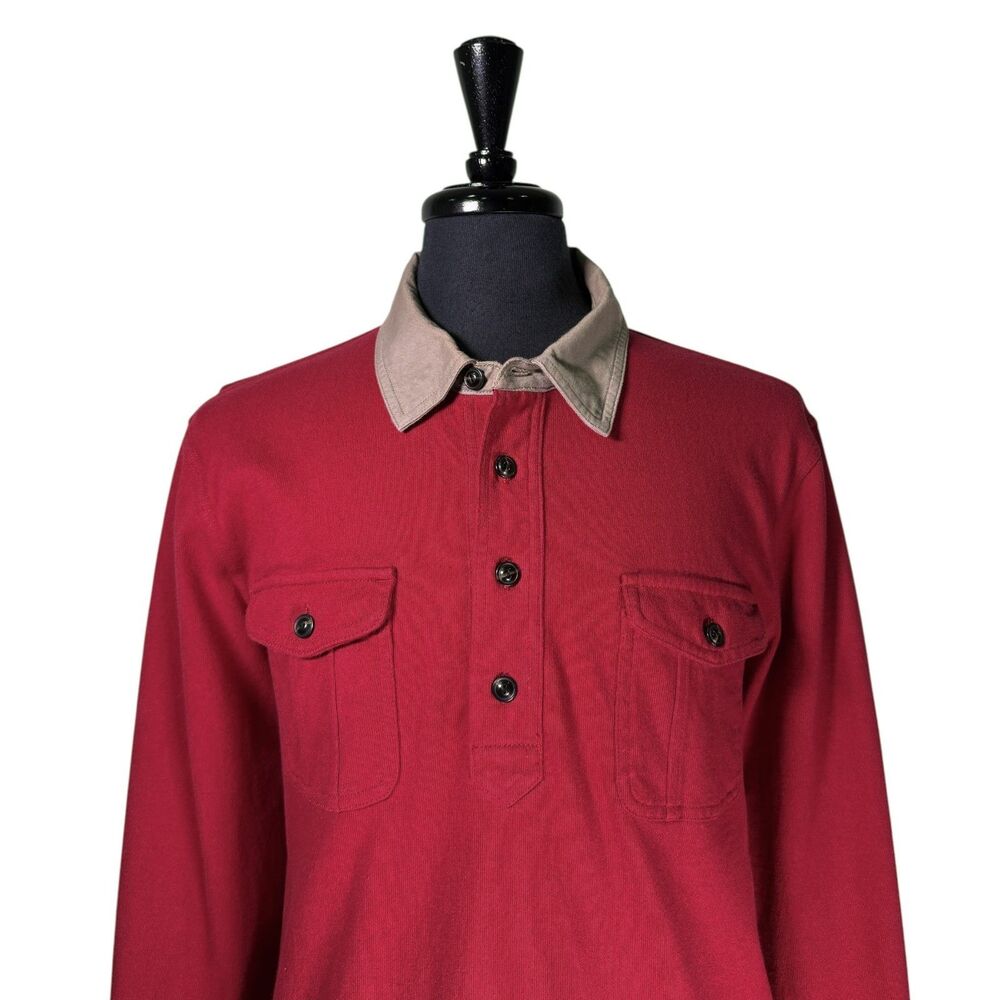 Lands' End Canvas Mens Large Red Rugby Polo Shirt Long Sleeve Cotton Pockets - Picture 4 of 7